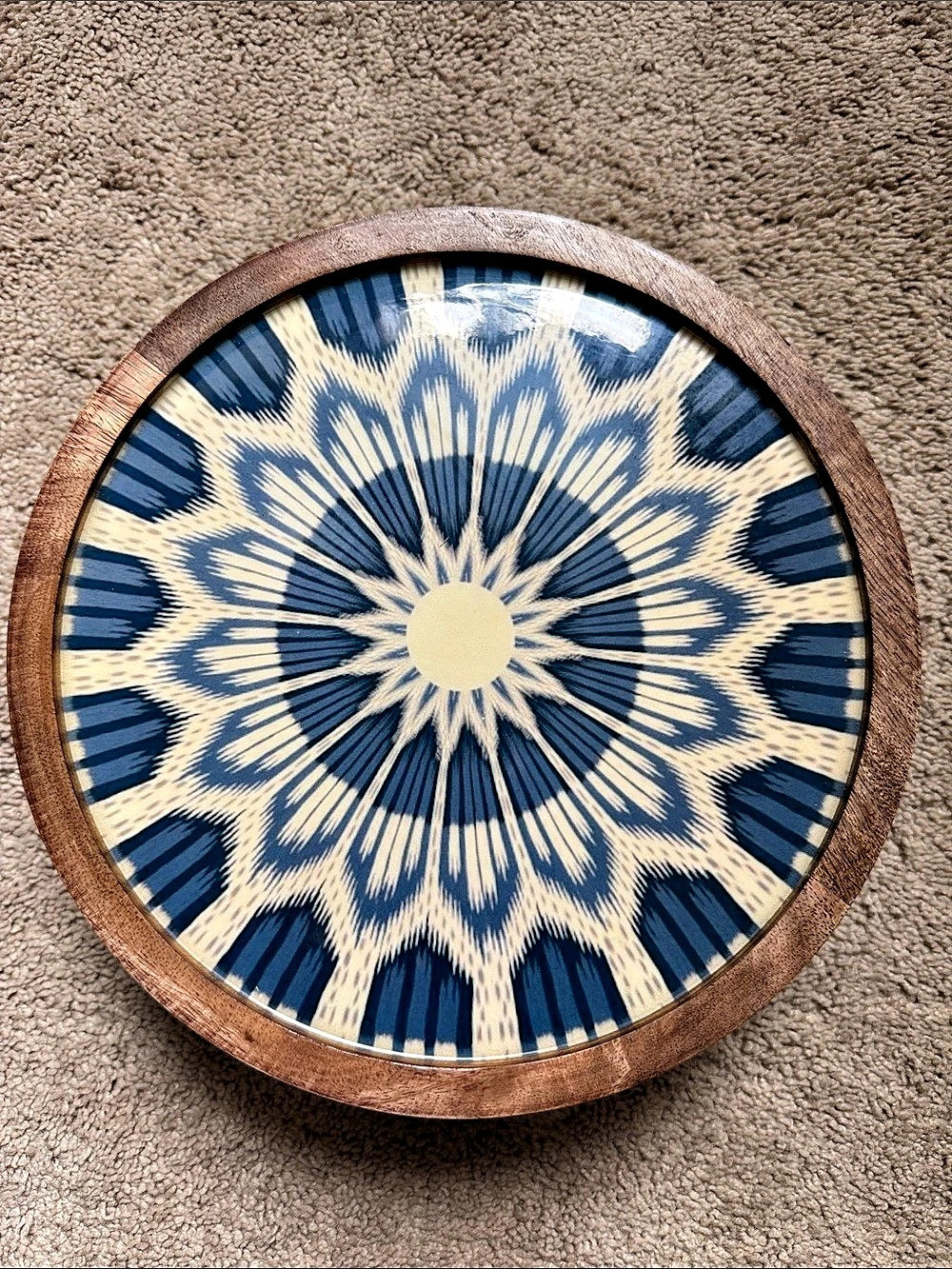 Round Wood Serving Stand Blue Geometric